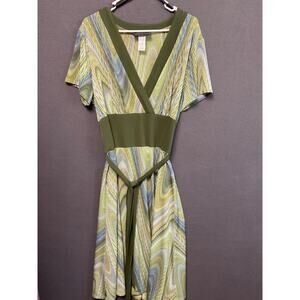 Connected Woman Dress 16W Green Blue Swirl Print Belted V-Neck Stretch